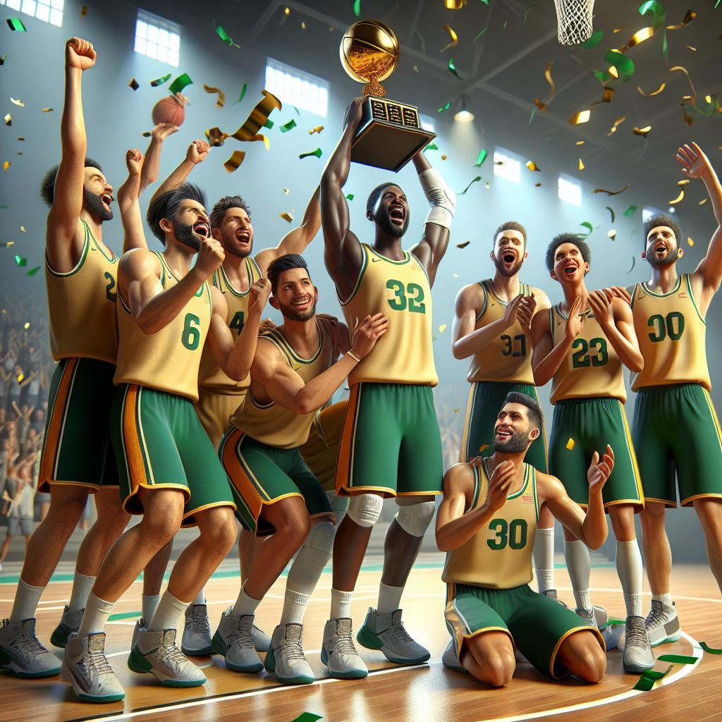 Winning basketball team celebration.