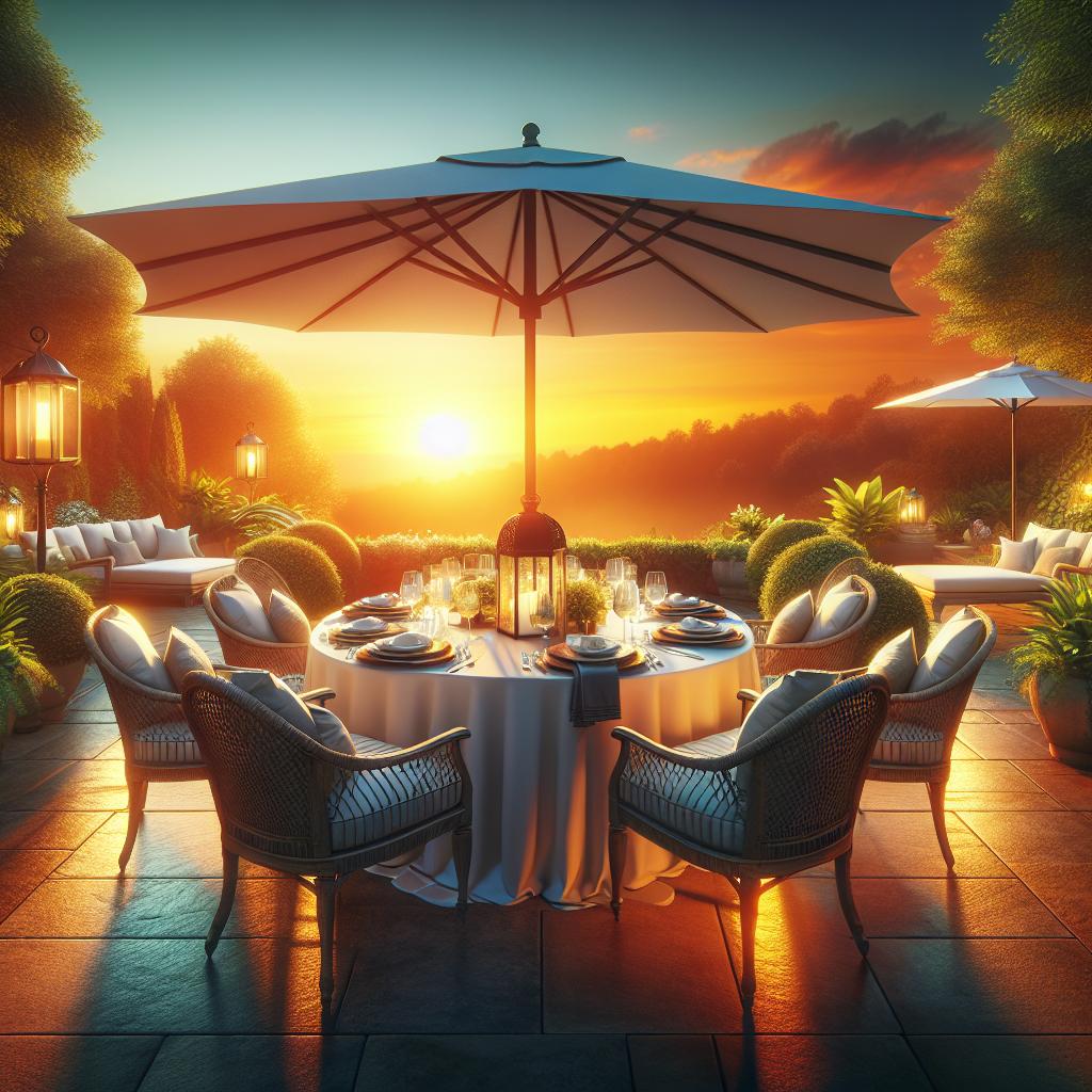 Outdoor dining patio at sunset