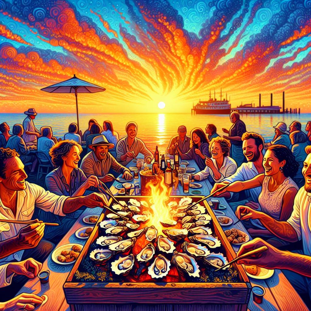 Sunset oyster roast gathering.