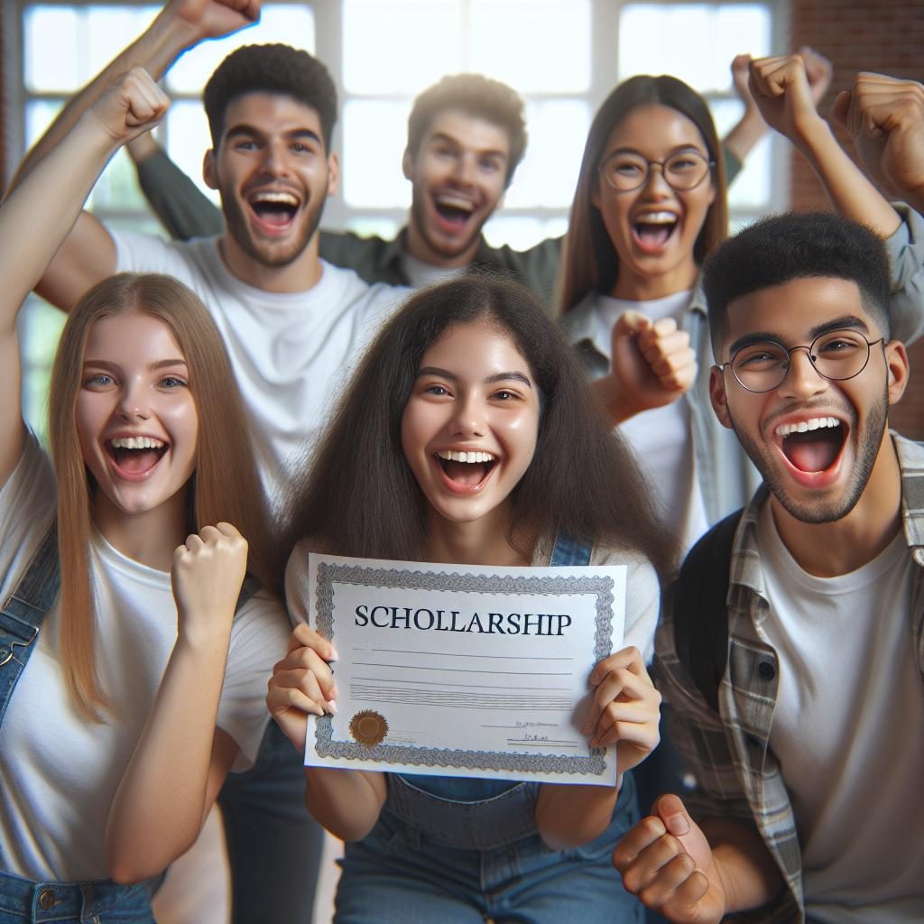 "Students celebrating scholarship win"