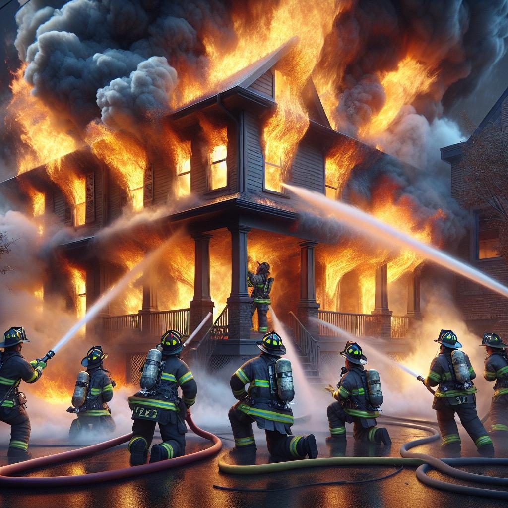 Firefighters extinguishing burning house