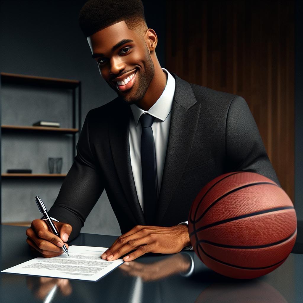 Basketball player signing contract.