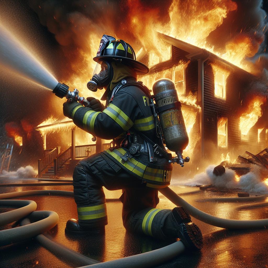 Firefighter battling blazing house.