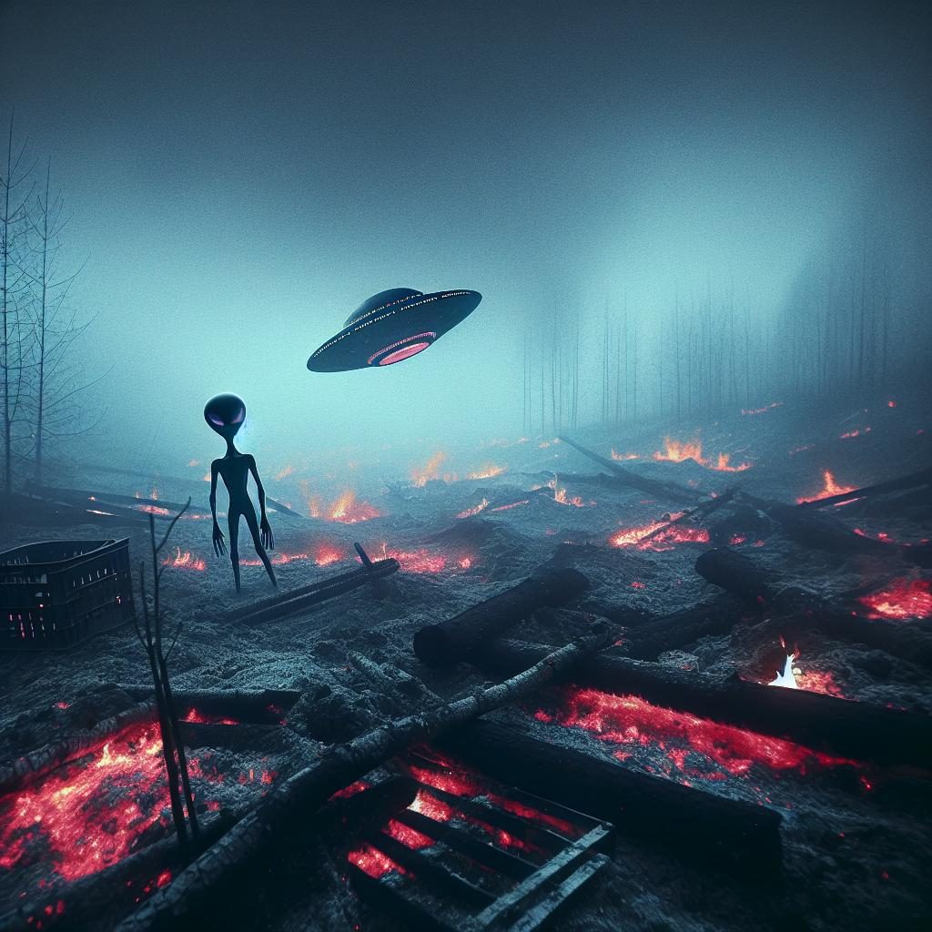 UFO-themed fire aftermath.