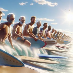 "Veterans surfing together beach"