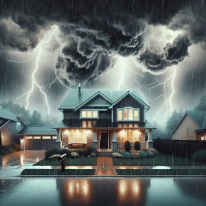 Thunderstorm hits suburban house.