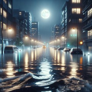 Flooded streets at night.