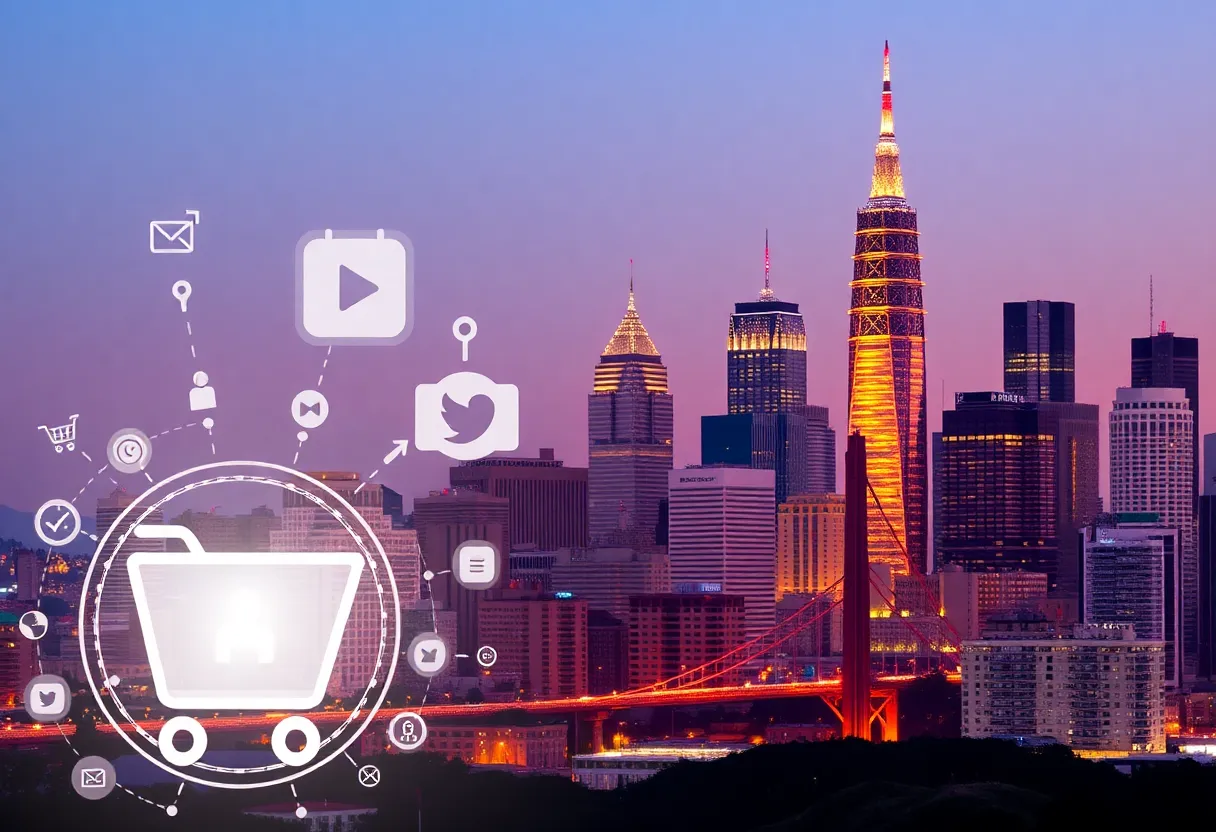 A skyline view of San Francisco with e-commerce symbols.