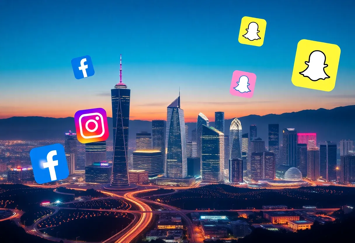 Futuristic city skyline with social media icons