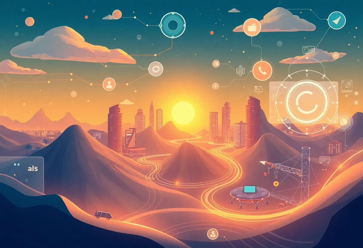 A digital marketing landscape with AI technology depicted in action.