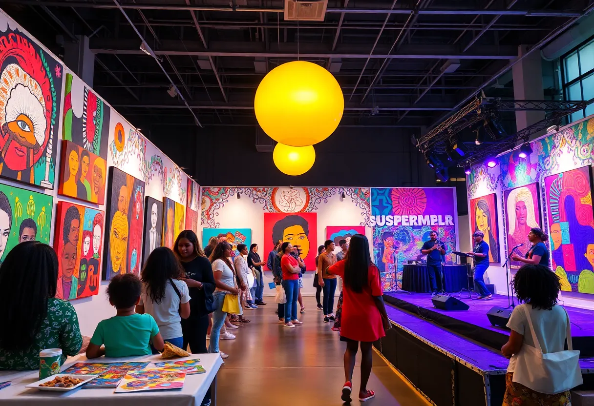 Scene from the Afro-Futurist Art Exhibition showing interactive activities and artistic displays.