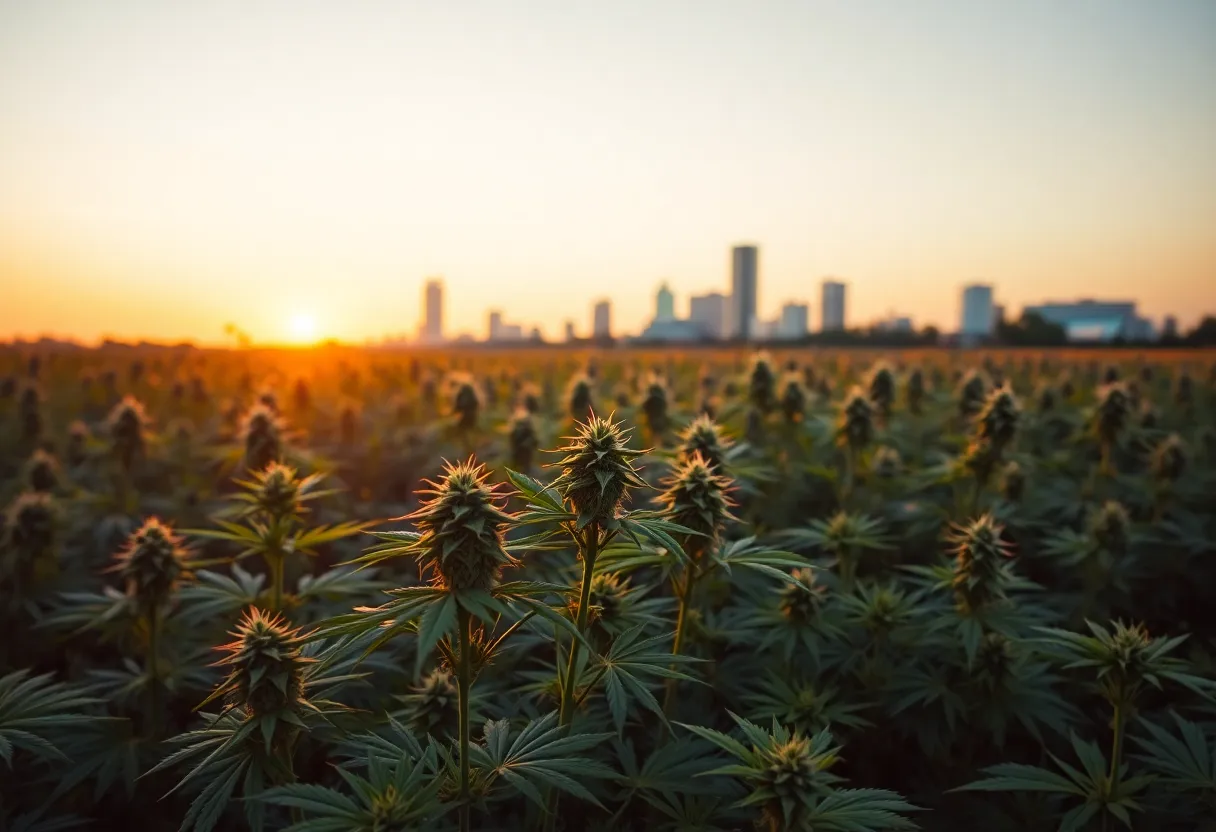 A cannabis field with Charleston skyline in background