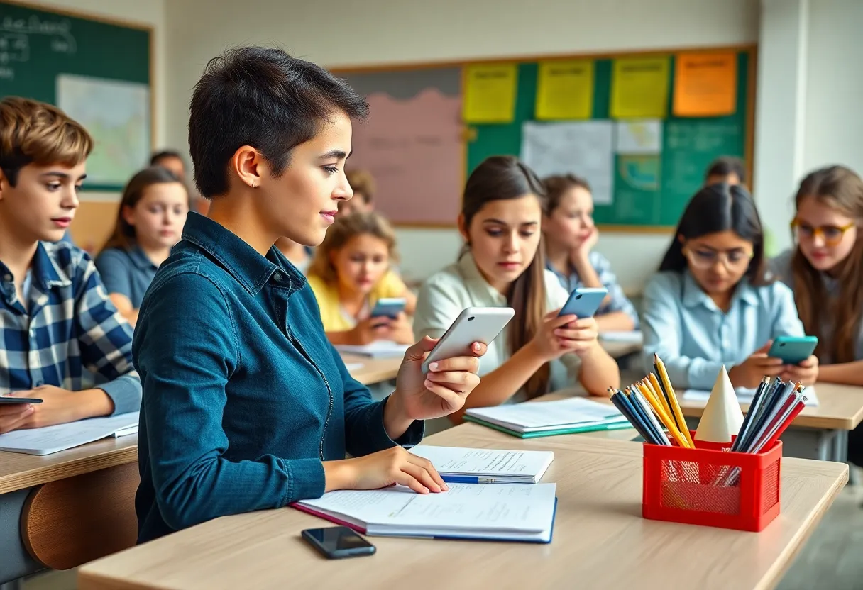 Students learning in a classroom without cellphones