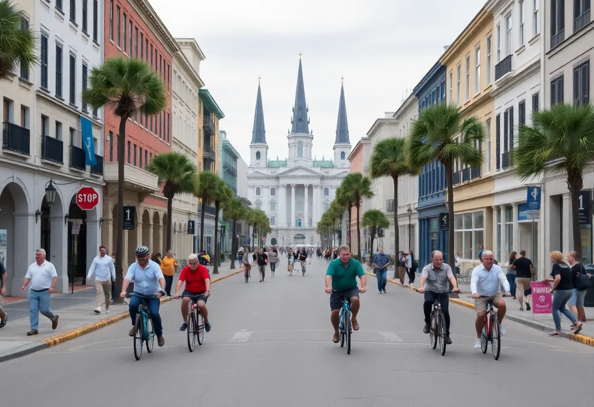 A busy street in Charleston with pedestrians and cyclists enjoying the city atmosphere.