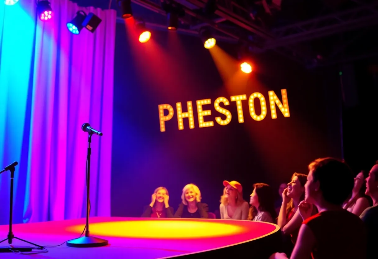 Illustration representing the Charleston comedy scene with a stage and audience
