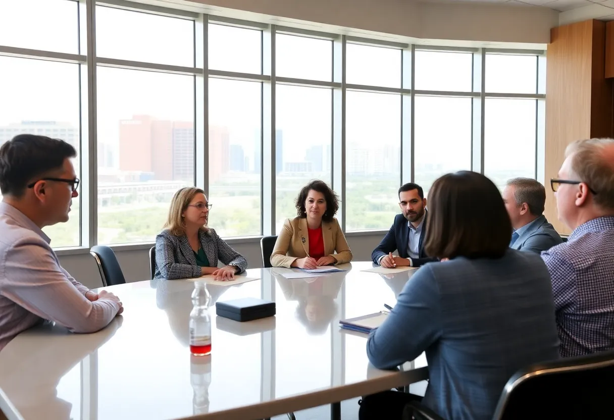 Council members discussing at a meeting with Charleston skyline in view.