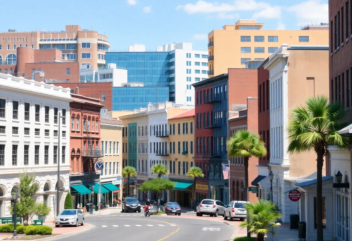 The bustling downtown area of Charleston, reflecting economic activity and vibrancy.