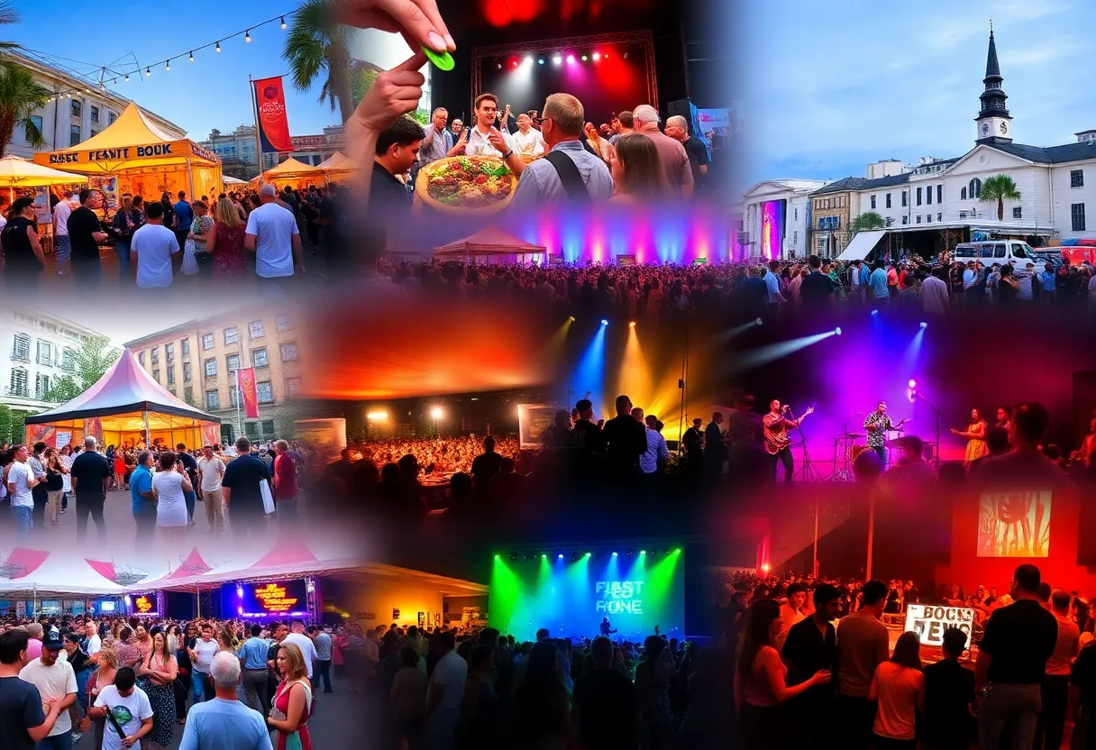 Collage of Charleston events including food festivals and concerts