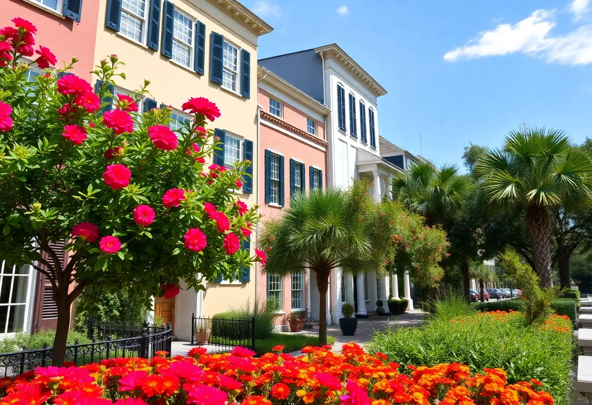 Historic buildings in Charleston surrounded by lush greenery and vibrant flowers