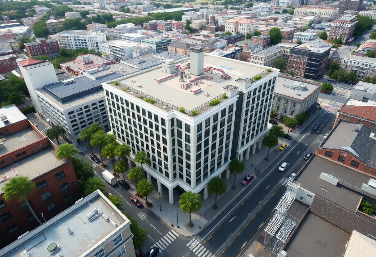 Aerial view of Hyatt Place and Hyatt House hotels in Charleston's Historic District.