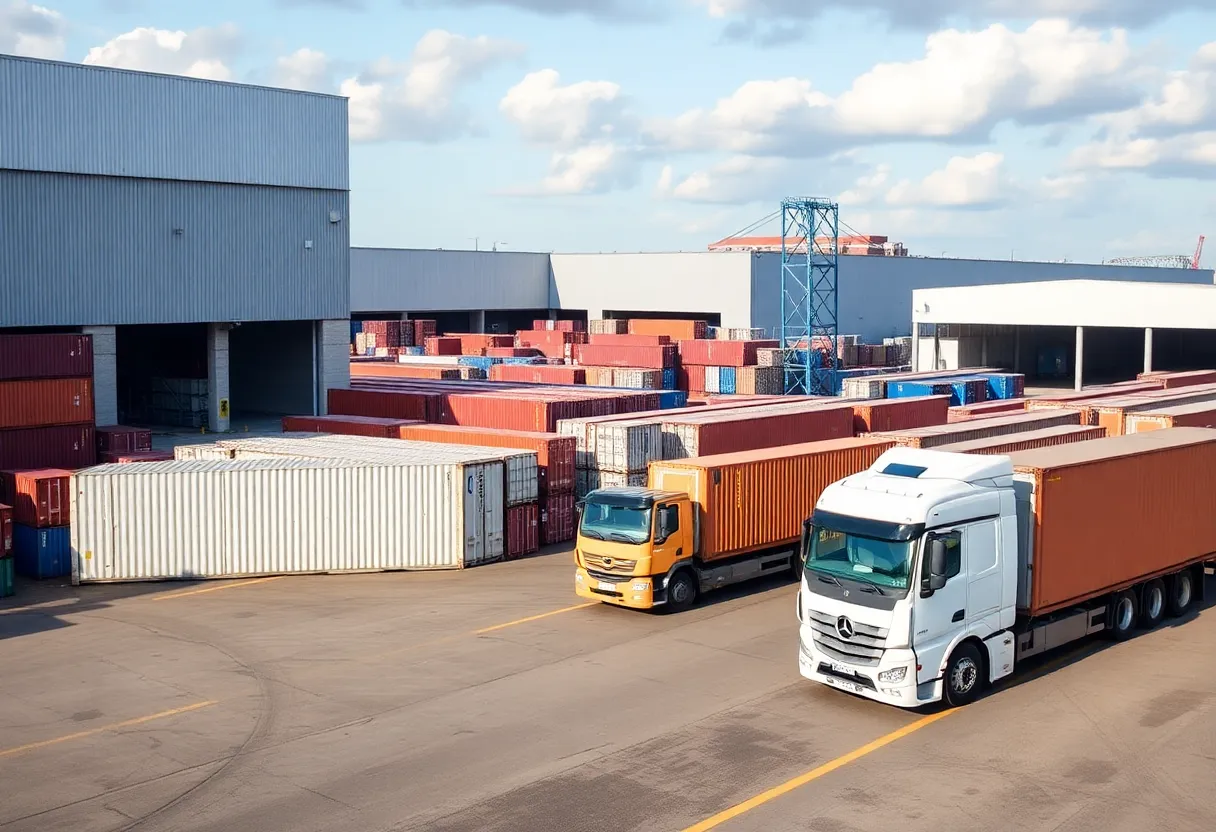 Modern industrial buildings and transport trucks in Charleston