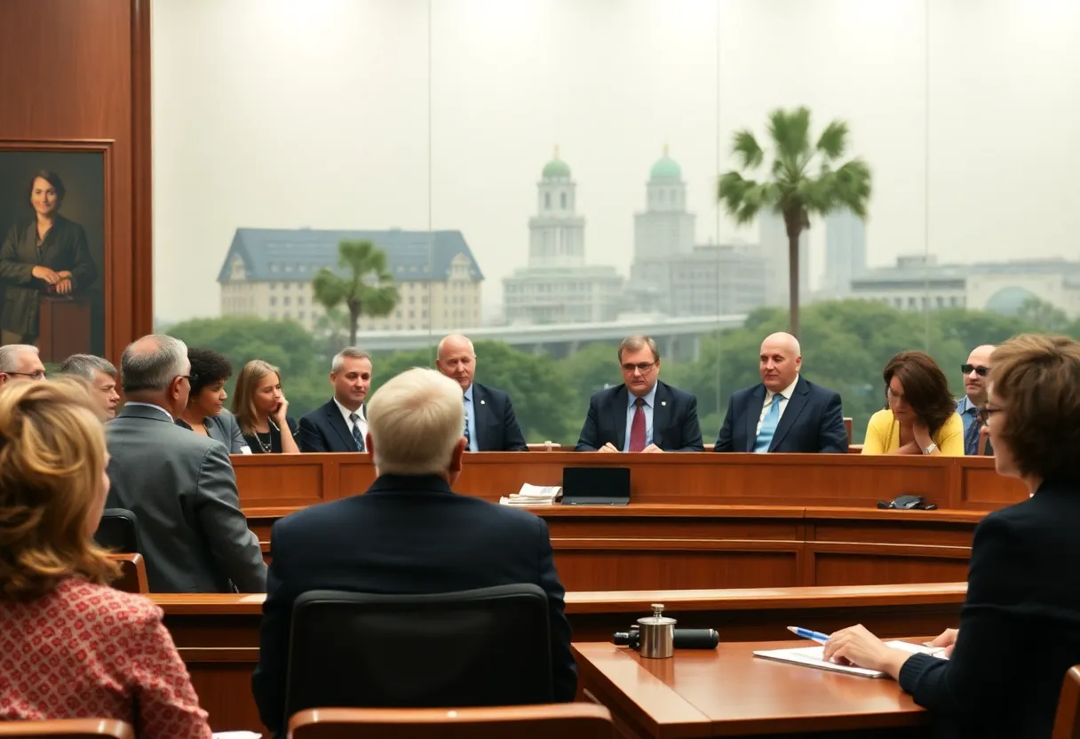 Courtroom scene representing Charleston landlords in a legal dispute over rent schemes.