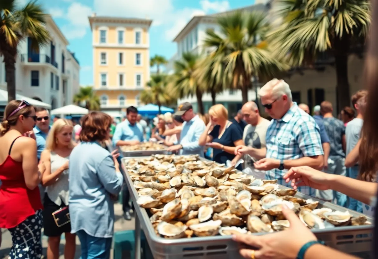 People enjoying an oyster roast in Charleston, SC