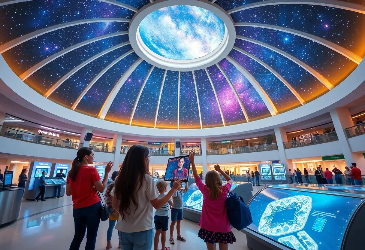 Interior view of the Charleston Planetarium with families enjoying interactive exhibits.