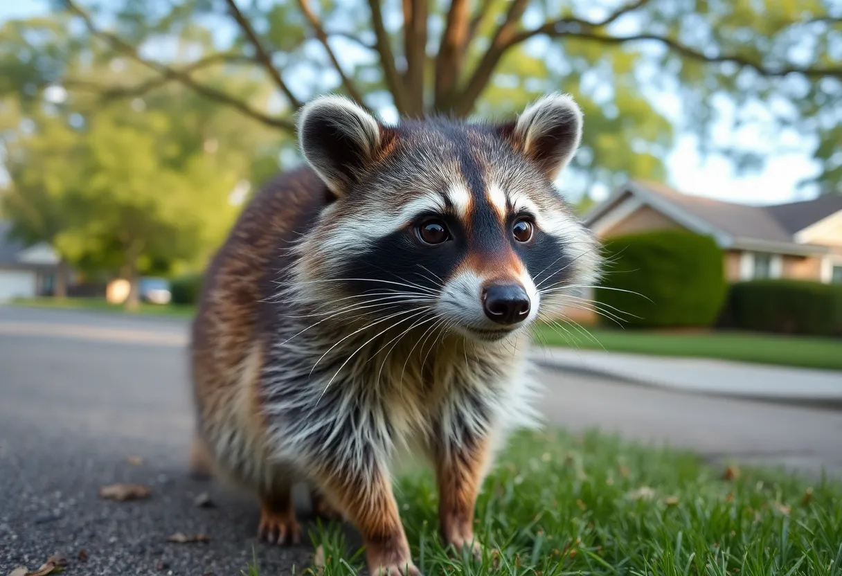 Raccoon in a suburban area highlighting rabies awareness