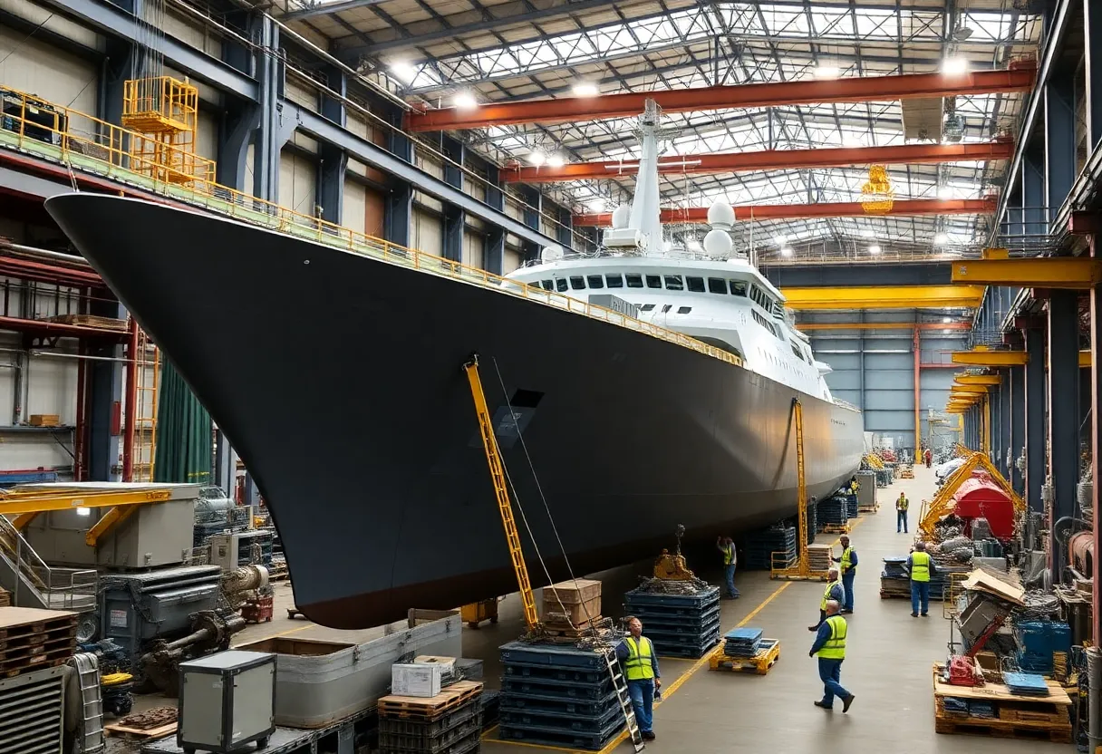 Charleston shipbuilding facility with advanced manufacturing equipment.