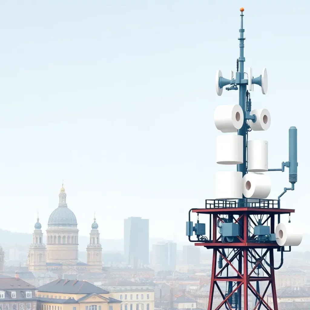 Illustration of a telecommunications tower resembling toilet paper in Charleston skyline