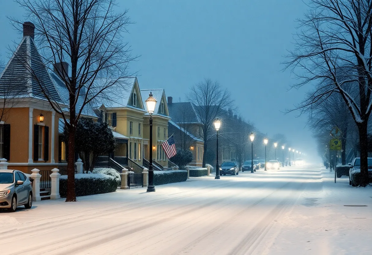 Street in Charleston, SC, covered in snow during winter storm