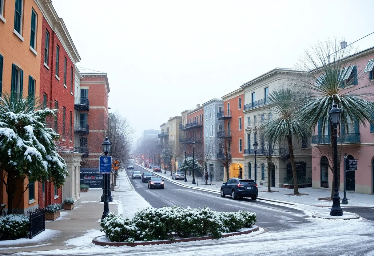 Historic buildings in Charleston covered in snow