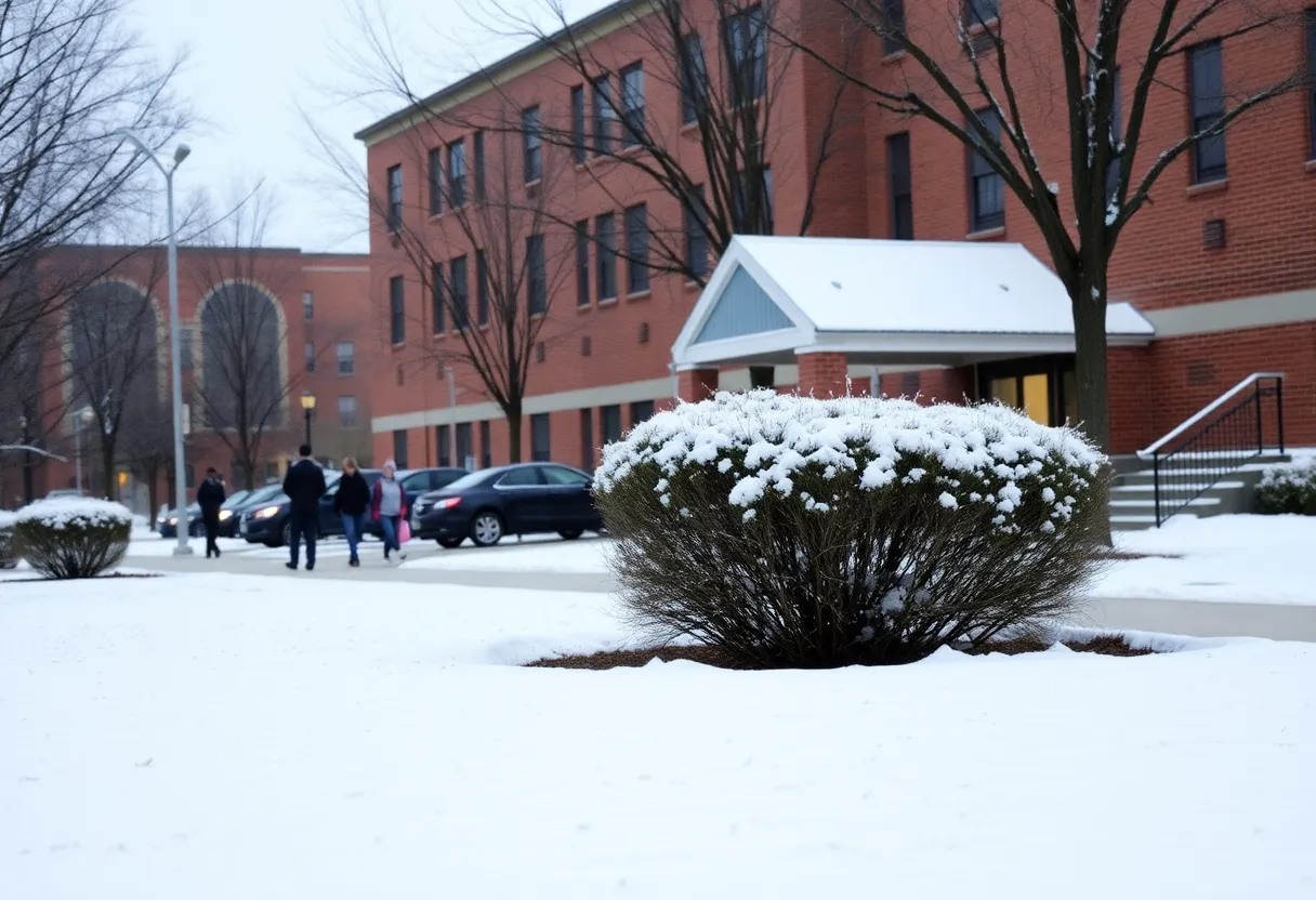 Snowy scene in Charleston South Carolina with school buildings