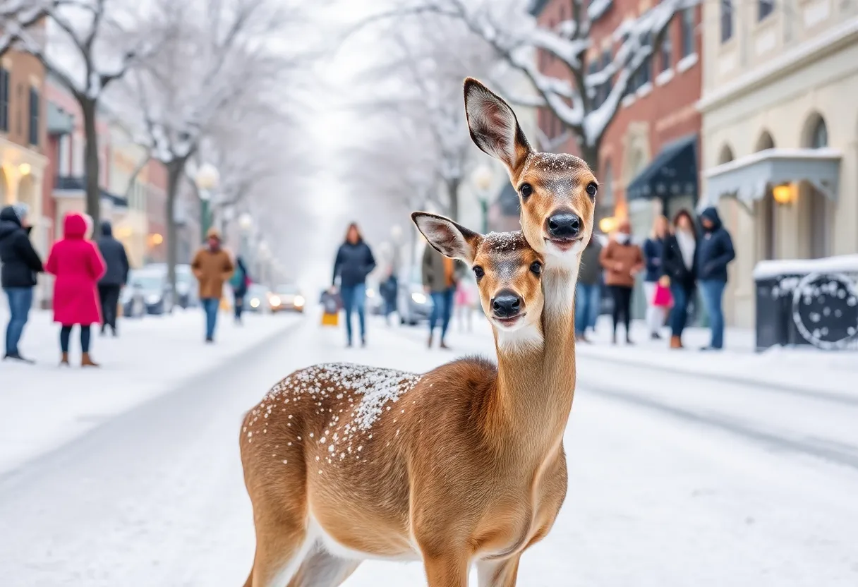 Winter landscape in Charleston with snowfall and a deer