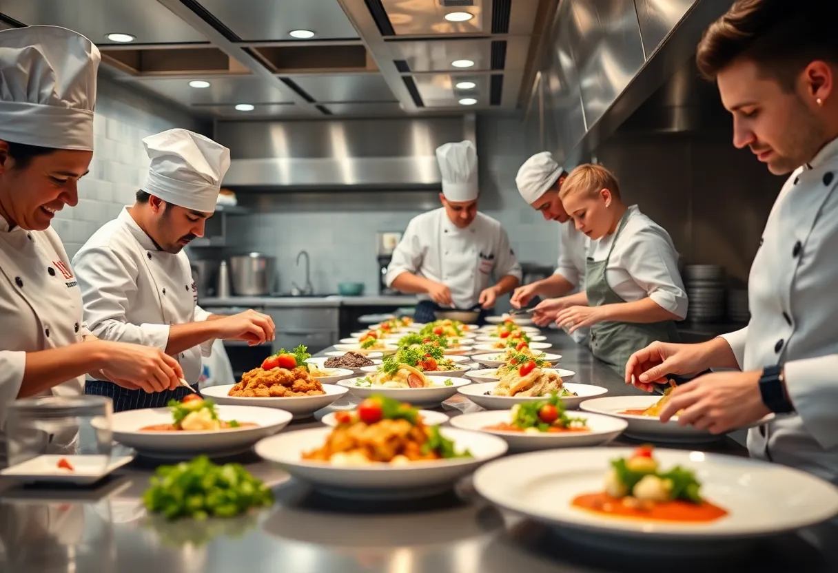 Chefs in a kitchen preparing dishes
