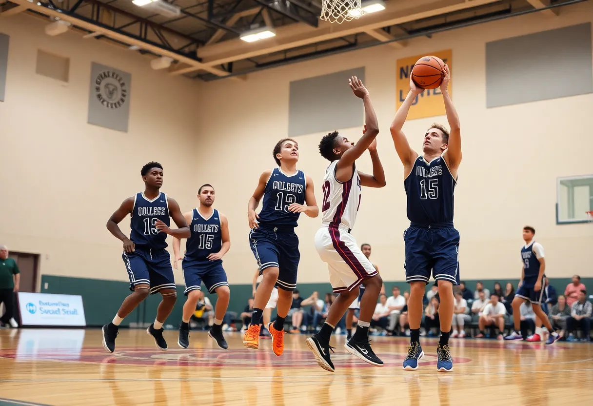 College basketball game with players in action
