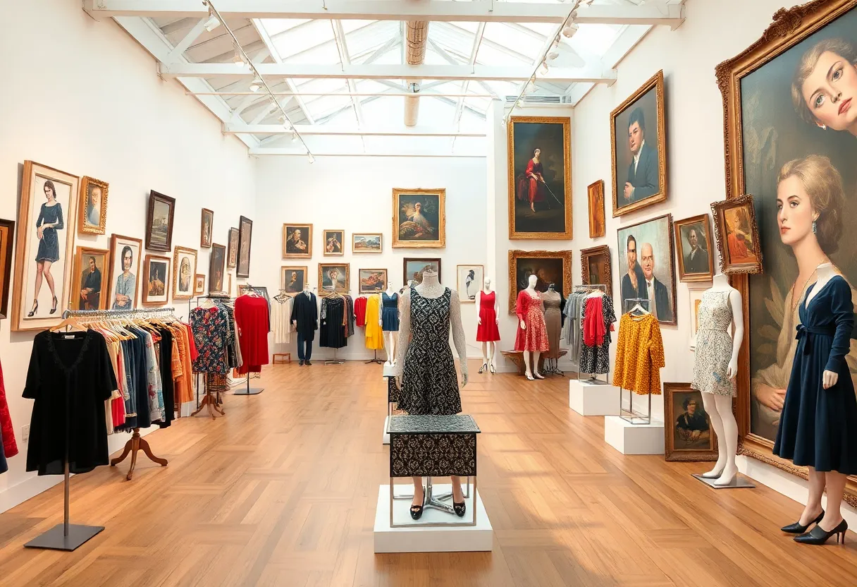 Art gallery exhibition featuring contemporary fashion designs and traditional artworks.