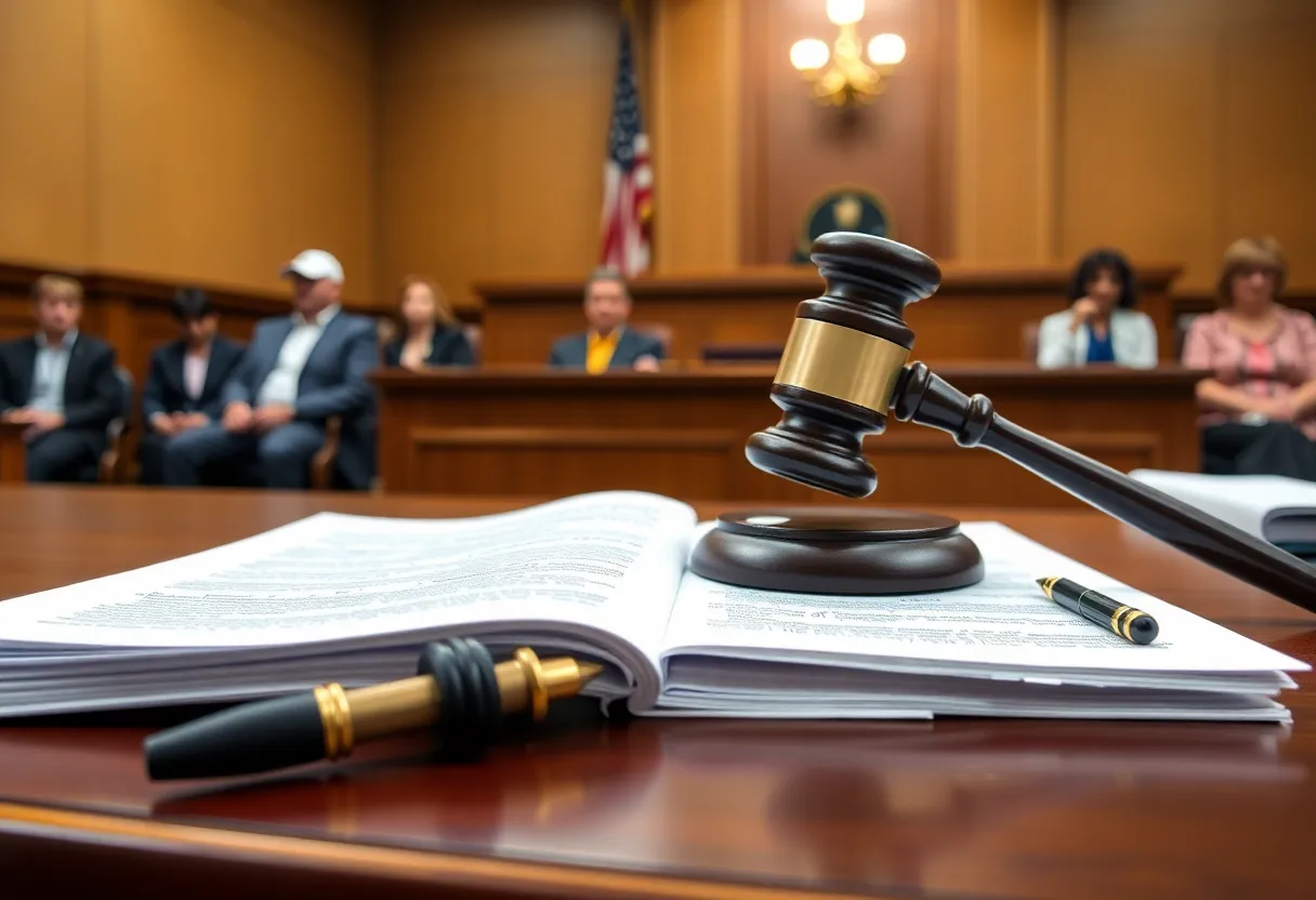A courtroom with a judge's bench and legal documents, representing a lawsuit.