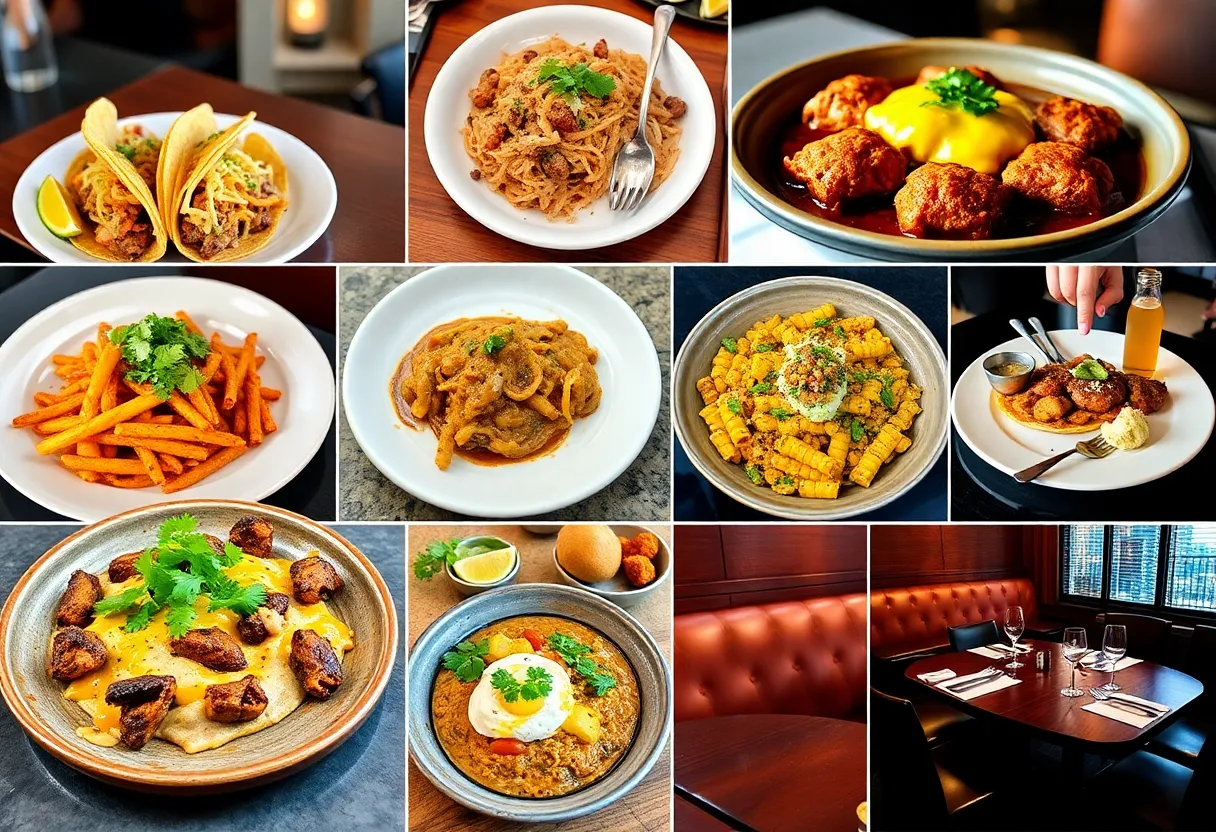 A variety of dishes representing new restaurants in Charleston SC including tacos, Indian food, and elegant dining options.