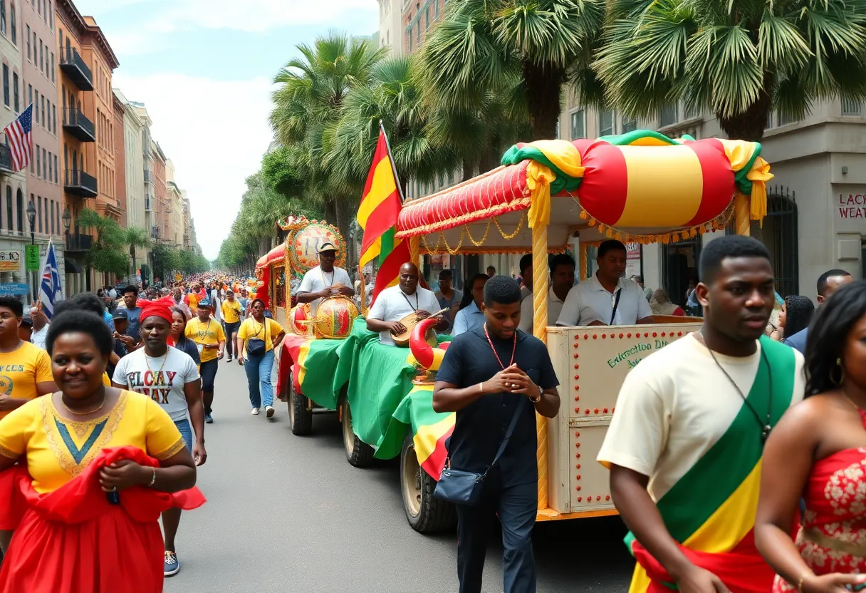 Emancipation Day parade in Charleston featuring colorful floats and participants.