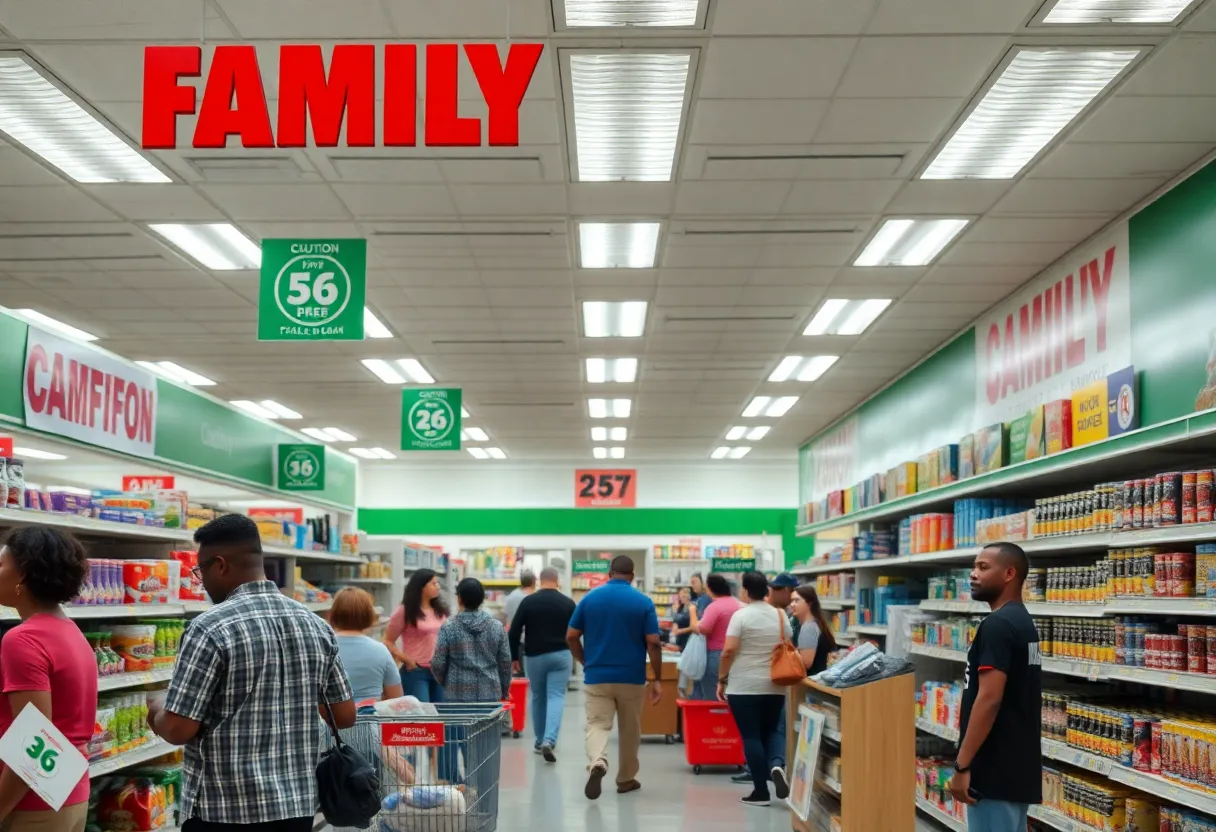 Family Dollar store in Charleston with community members shopping.