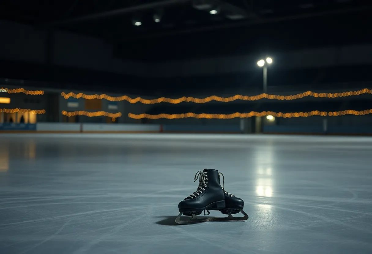 A figure skating rink with a pair of skates on the ice in memory of those lost in a tragic collision.