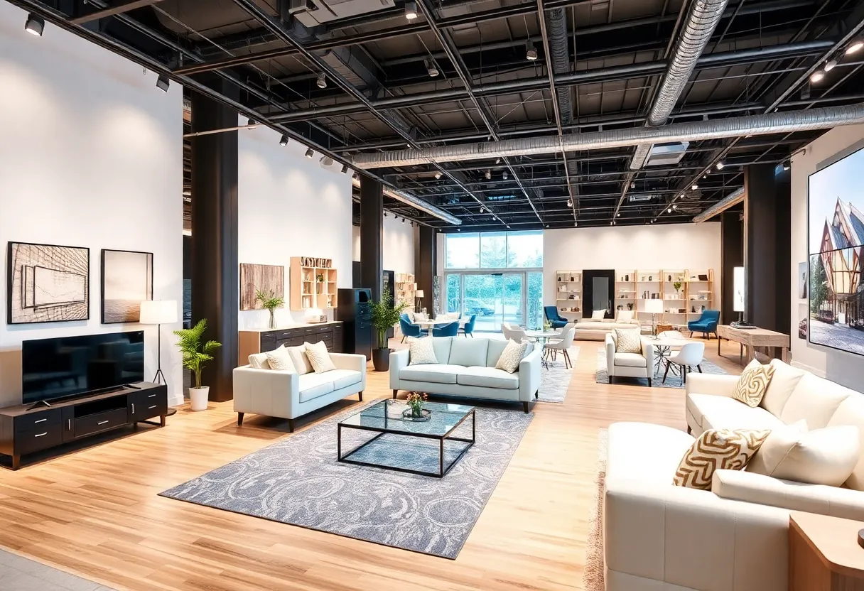 Showroom displaying 3D visualizations of furniture products