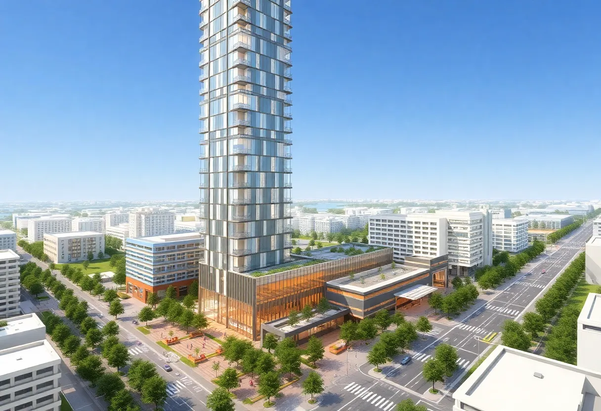 Render of Greenville's Gateway Project with a tall tower and landscaping
