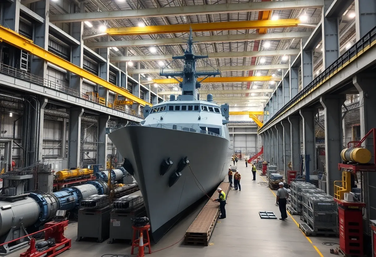 An overhead view of the military shipbuilding facility in Charleston.