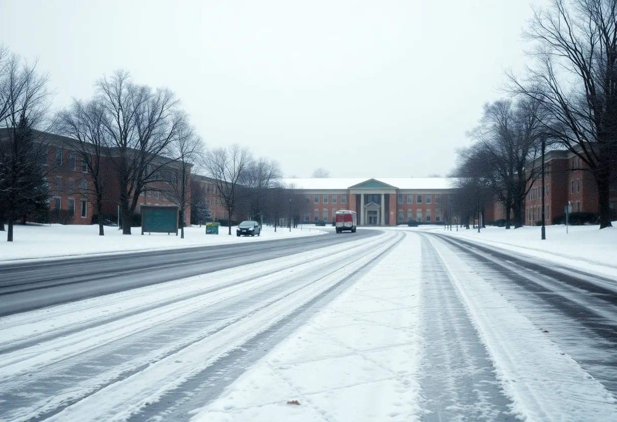 Icy roads and snowy school buildings in Charleston