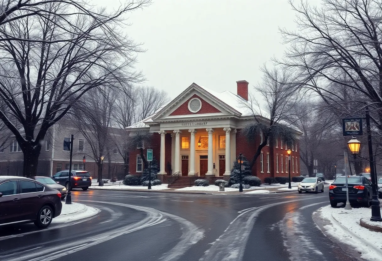 Icy scene of a Charleston library during winter weather