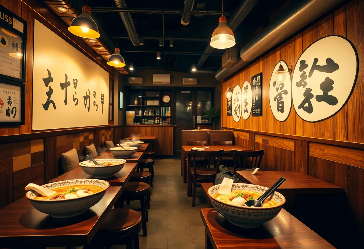Interior of JINYA Ramen Bar with steaming ramen bowls