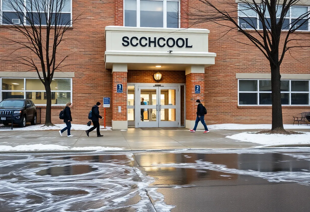 Students arriving at school after winter weather